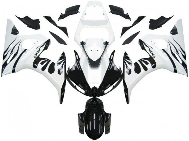 Blanc Flamme Noir Carénage Moto Yamaha R6 2003-2005 Blanc Flamme Noir Carénage Moto Yamaha R6 2003-2005