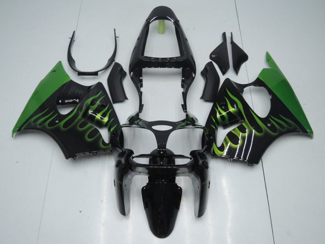Noir avec Vert Flamme Carénage Moto Kawasaki ZX6R 2000-2002 Noir avec Vert Flamme Carénage Moto Kawasaki ZX6R 2000-2002